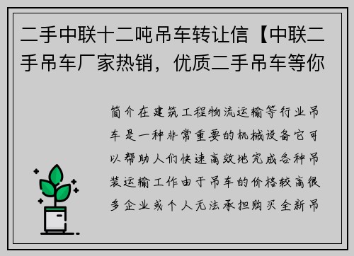 二手中联十二吨吊车转让信【中联二手吊车厂家热销，优质二手吊车等你来选购】