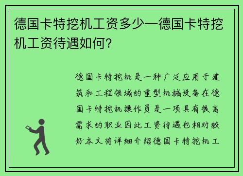 德国卡特挖机工资多少—德国卡特挖机工资待遇如何？